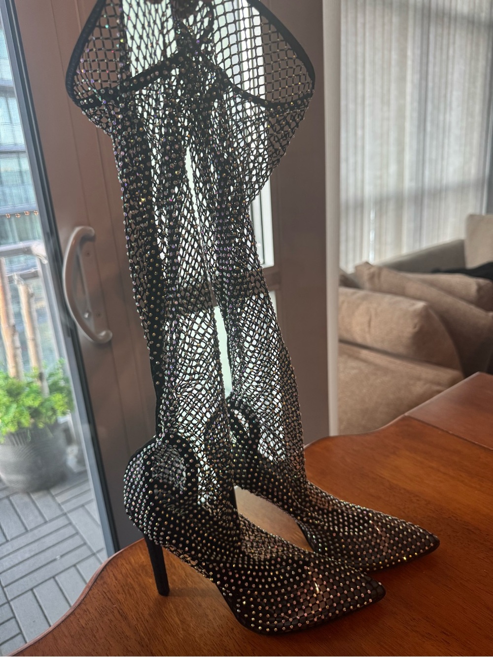 Public Desire Black Rhinestone Mesh Stiletto Knee-High Boots